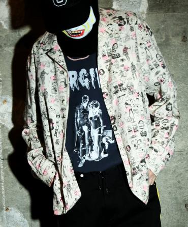OPEN-NECKED L/S SHIRTS *アイボリー×オフブラック/蛍光ピンク*