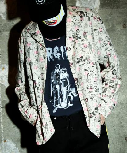 OPEN-NECKED L/S SHIRTS *アイボリー×オフブラック/蛍光ピンク*